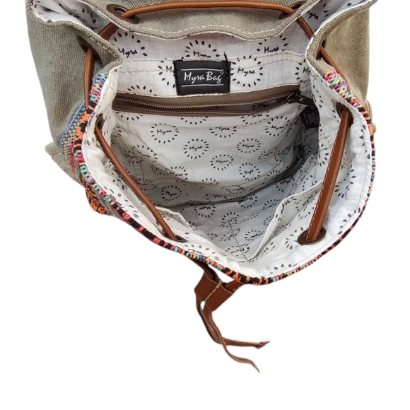 Myra Bag Multicolor Woven Backpack with Brown Leather Trim and Gray Fur Flap